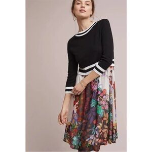 AnthropologieMaeve Osceola Black Floral Sweater Dress 3/4 Sleeve Crew Neck-Small